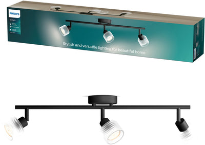 Philips Hear Aufbaustrahler – LED-Gu10-Fassung – ausrichtbar – 3 Lichtpunkte – Clickfix – Schwarz mit geriffeltem Glas
