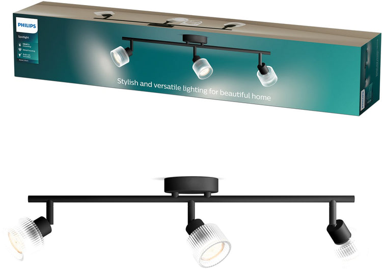 Philips Hear Aufbaustrahler – LED-Gu10-Fassung – ausrichtbar – 3 Lichtpunkte – Clickfix – Schwarz mit geriffeltem Glas