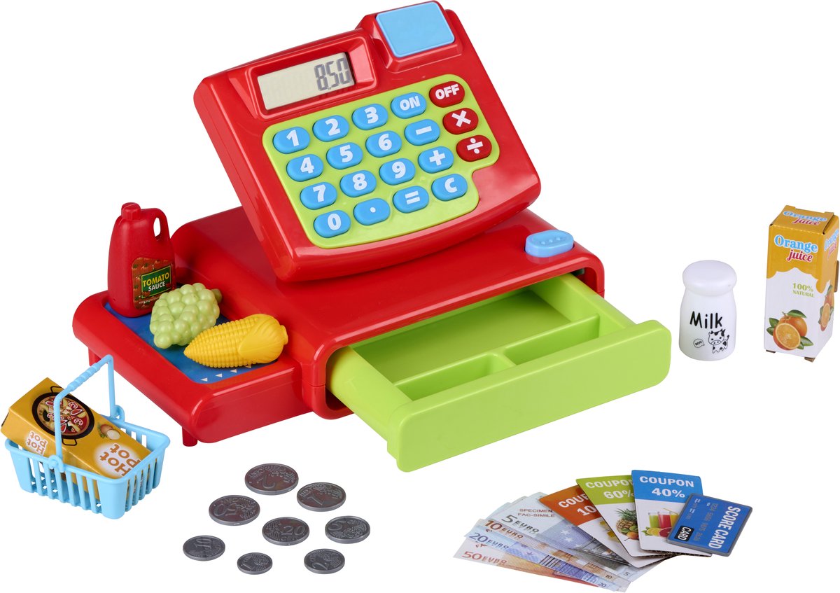 Eddy Toys Spielzeugkasse 25-teilig – Spielzeugkasse mit Sound und Taschenrechner – Kinderkasse mit Spielgeld und Karten – Ladenkasse Spielzeug zum Ladenspiel