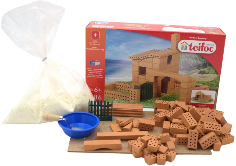 Teifoc® Baukasten – Haus Finca Bauset – 86 Teile – echte Mini-Steine mit Zement, Schüssel und Kelle – Bausatz für Kinder ab 6 Jahren