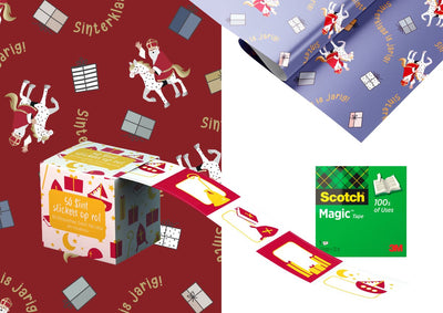 Haza Sinterklaas Verpackungspaket – 4 Rollen Geschenkpapier – Klebeband – Aufkleber-Etikettenbox