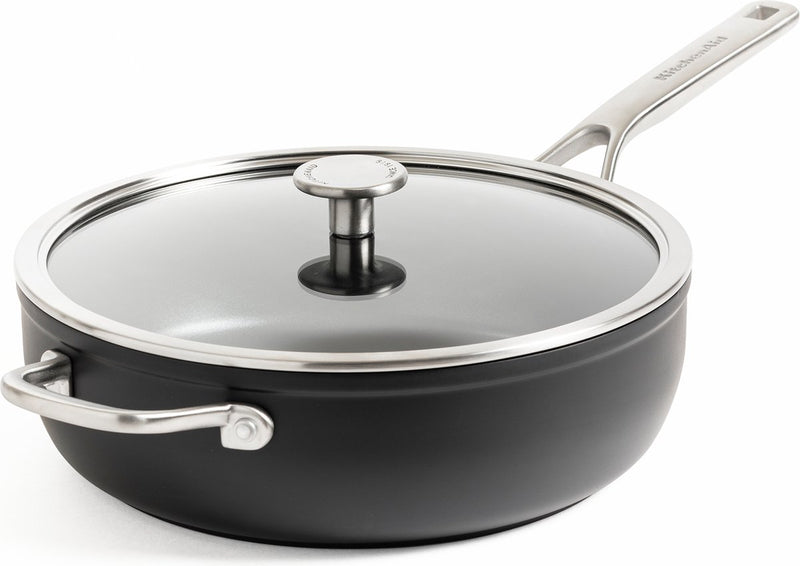 Kitchenaid geschmiedete, gehärtete Schmorpfanne 28 cm – PFA-freie Antihaftbeschichtung – Schmorpfanne Induktion – Keramikpfanne – ofenfest bis 160 °C – Kaltgriffe – mit Glasdeckel – Schwarz