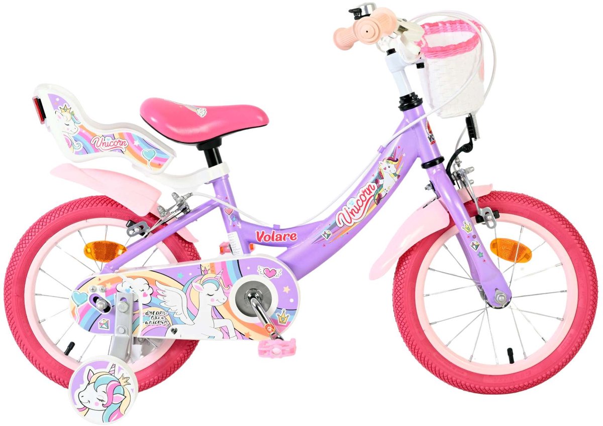 Volare Einhorn Kinderfahrrad – Mädchen – 14 Zoll – Lila – zwei Handbremsen