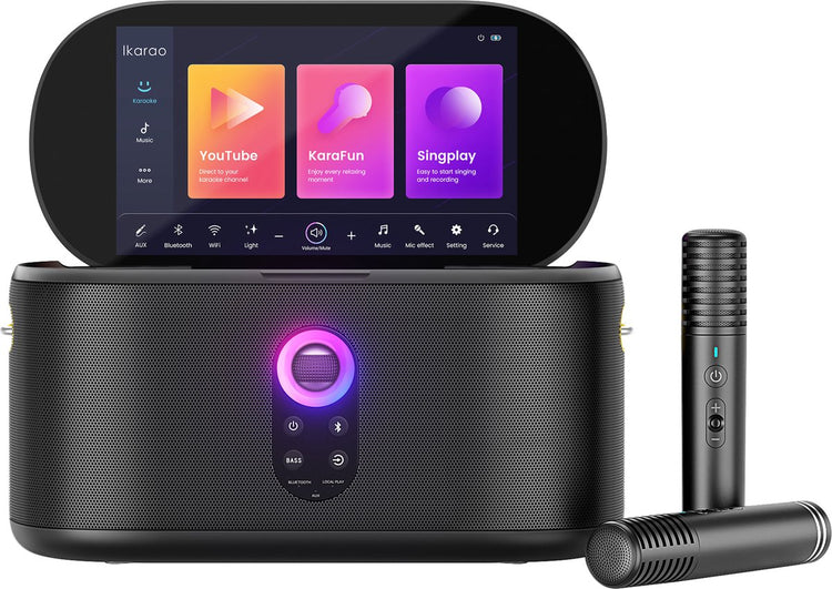 Ikarao Karaoke-Set für Erwachsene – Shell S1 – 2 kabellose Mikrofone – 180 W – kostenlose Karaoke-App 6 Monate – HD-Bildschirm – Schwarz