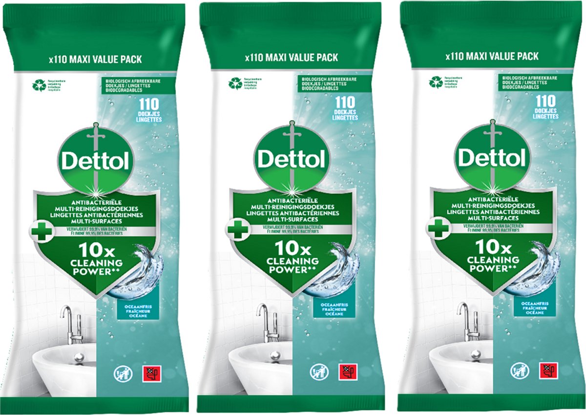 Dettol antibakterielle Tücher für mehrere Oberflächen, Ozean – 3 x 110 Stück – Vorteilspack