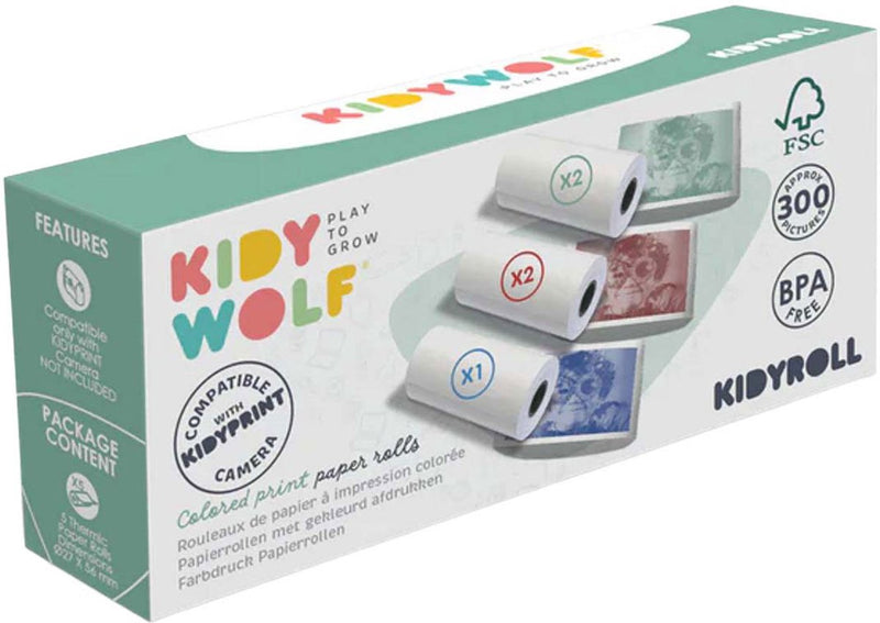 Kidywolf Kidyroll farbiges Thermopapier für Kidyprint K-Print – 5 Rollen, 300 Drucke, Nachfüllung für Kinder-Sofortbildkamera