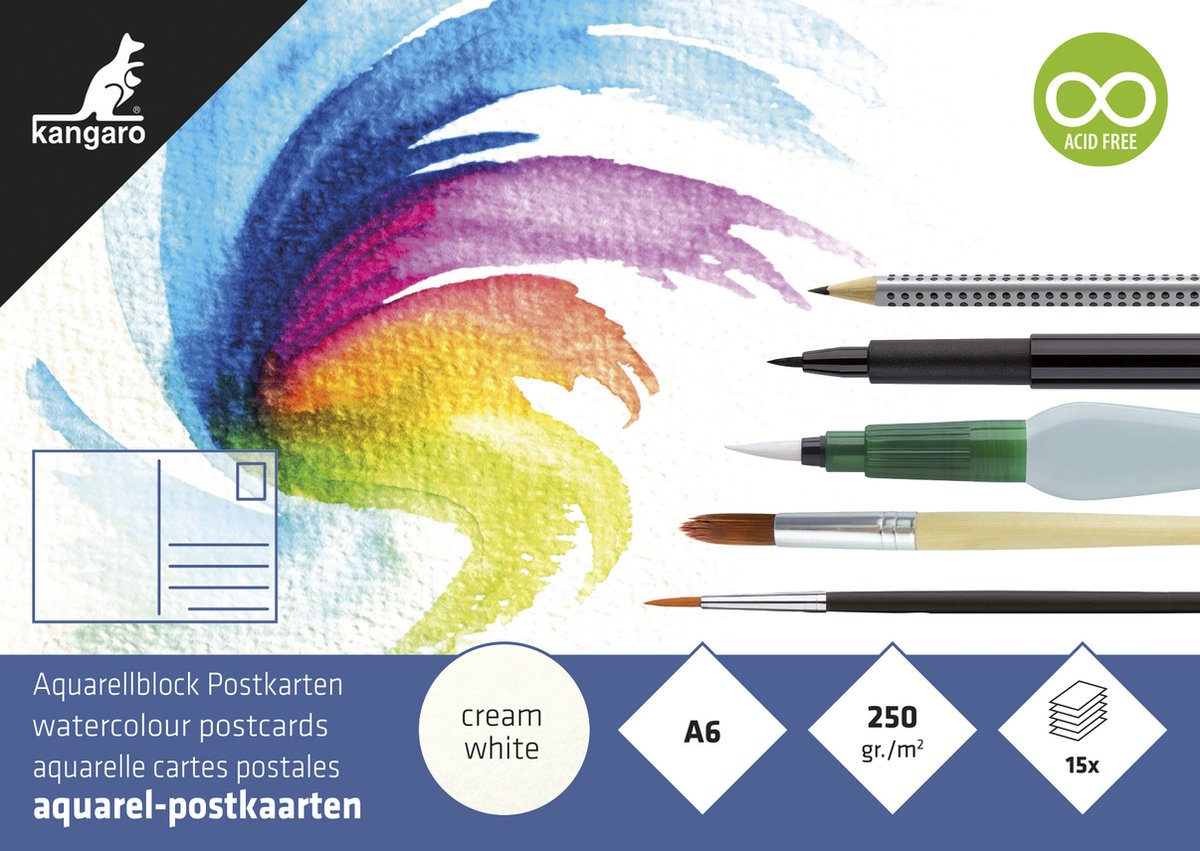 Kangaro-Aquarellblock – Postkarten – A6 – 15 Blatt – 250 Gramm Aquarellpapier – K-5370