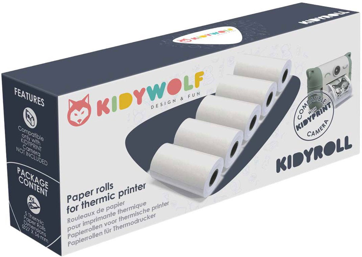 Kidywolf Kidyroll Classic Thermopapier für Kidyprint K-Print – 5 Rollen, 300 Drucke, Nachfüllung für Kinder-Sofortbildkamera