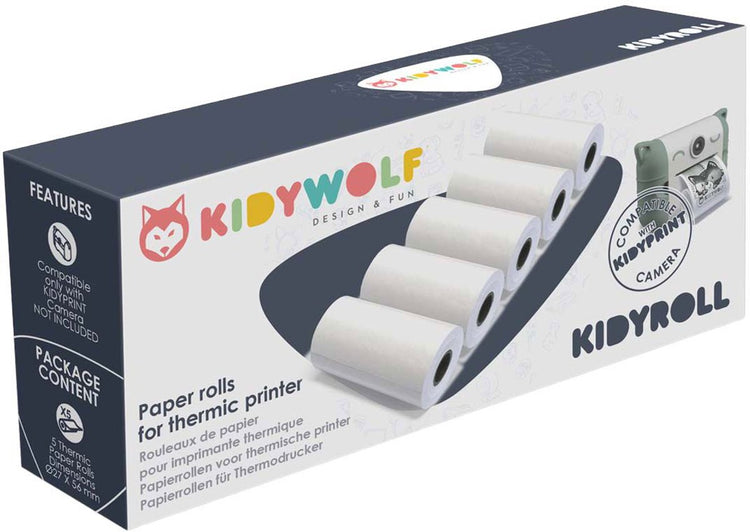 Kidywolf Kidyroll Classic Thermopapier für Kidyprint K-Print – 5 Rollen, 300 Drucke, Nachfüllung für Kinder-Sofortbildkamera