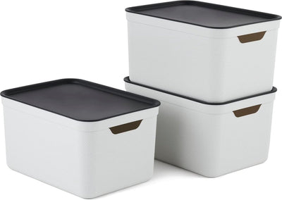 Rotho Jive Aufbewahrungsboxen 3er Set Aufbewahrungsboxen 16 l mit Deckel, Kunststoff (PP recycelt), weiß anthrazit, 3 x 16 l (37,5 x 27,8 x 29,8 cm)