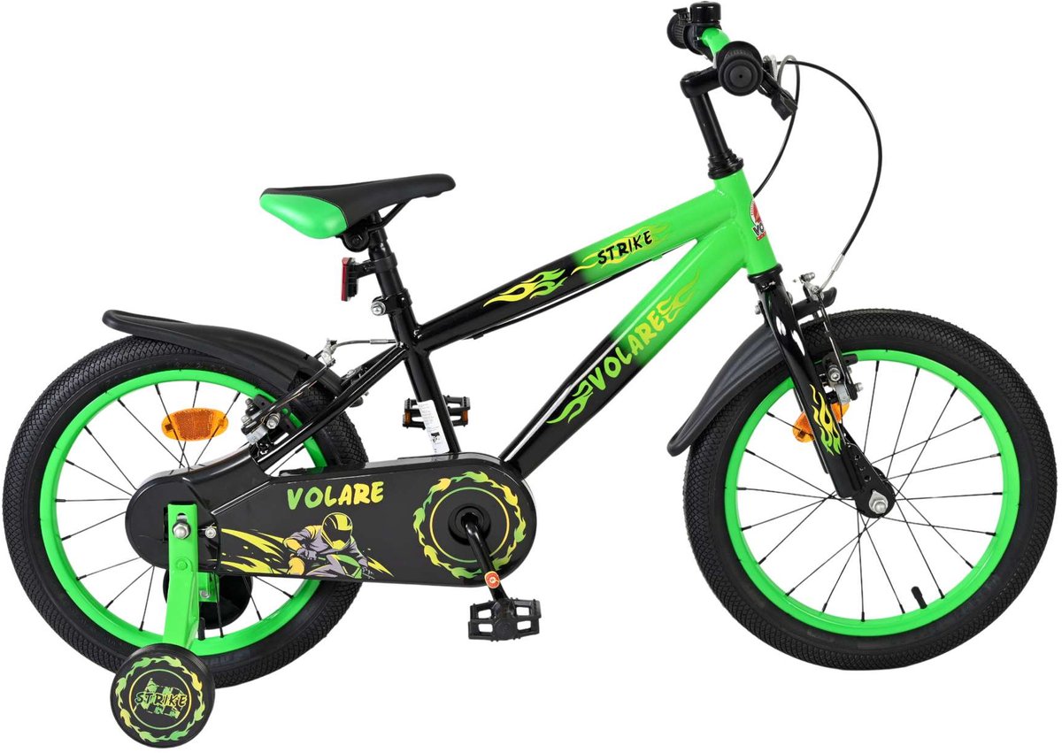 Volare Strike Kinderfahrrad – Jungen – 16 Zoll – Schwarz Grün – Zwei Handbremsen