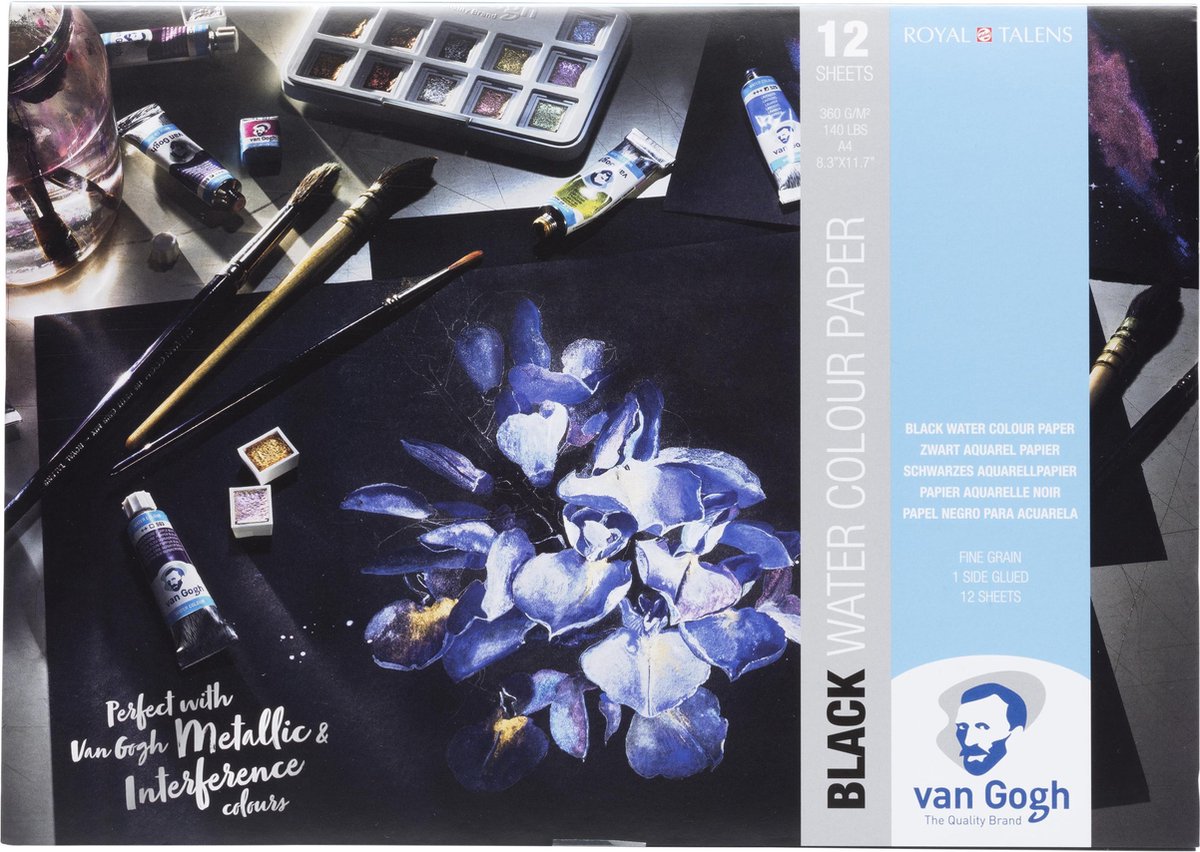 Schwarzer Van Gogh-Block mit Aquarell-Malpapier, 12 Blatt 360 g, Größe 29,7 x 21 cm (A4) – FSC-Mix