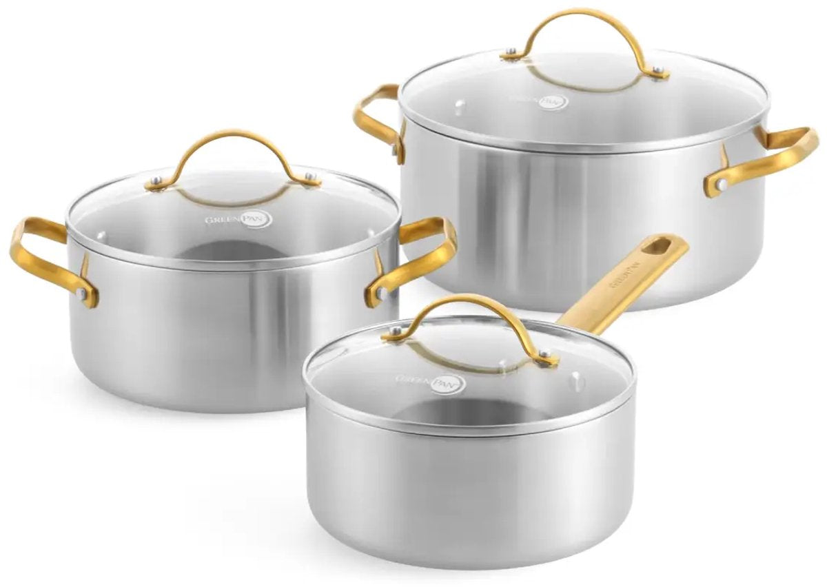 Greenpan Padova Pfannenset 6-teilig – 18 20 24 cm – 2 2,9 4,9 l – ohne PFAS-freie Antihaftbeschichtung – Induktionspfannenset – Pfannenset aus Edelstahl – ofenfest bis 220 °C – Griffe aus Edelstahl – mit Glasdeckel – Silber