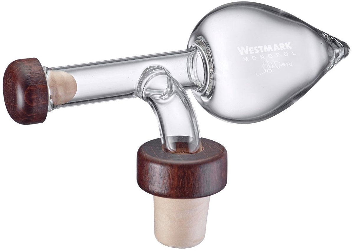 Westmark Portionierer, Fassungsvermögen: 35 ml, für Spirituosen, Essig oder Öl, luftdicht, Glas Kunststoff Holz, Gourmet, transparent braun, 99033380