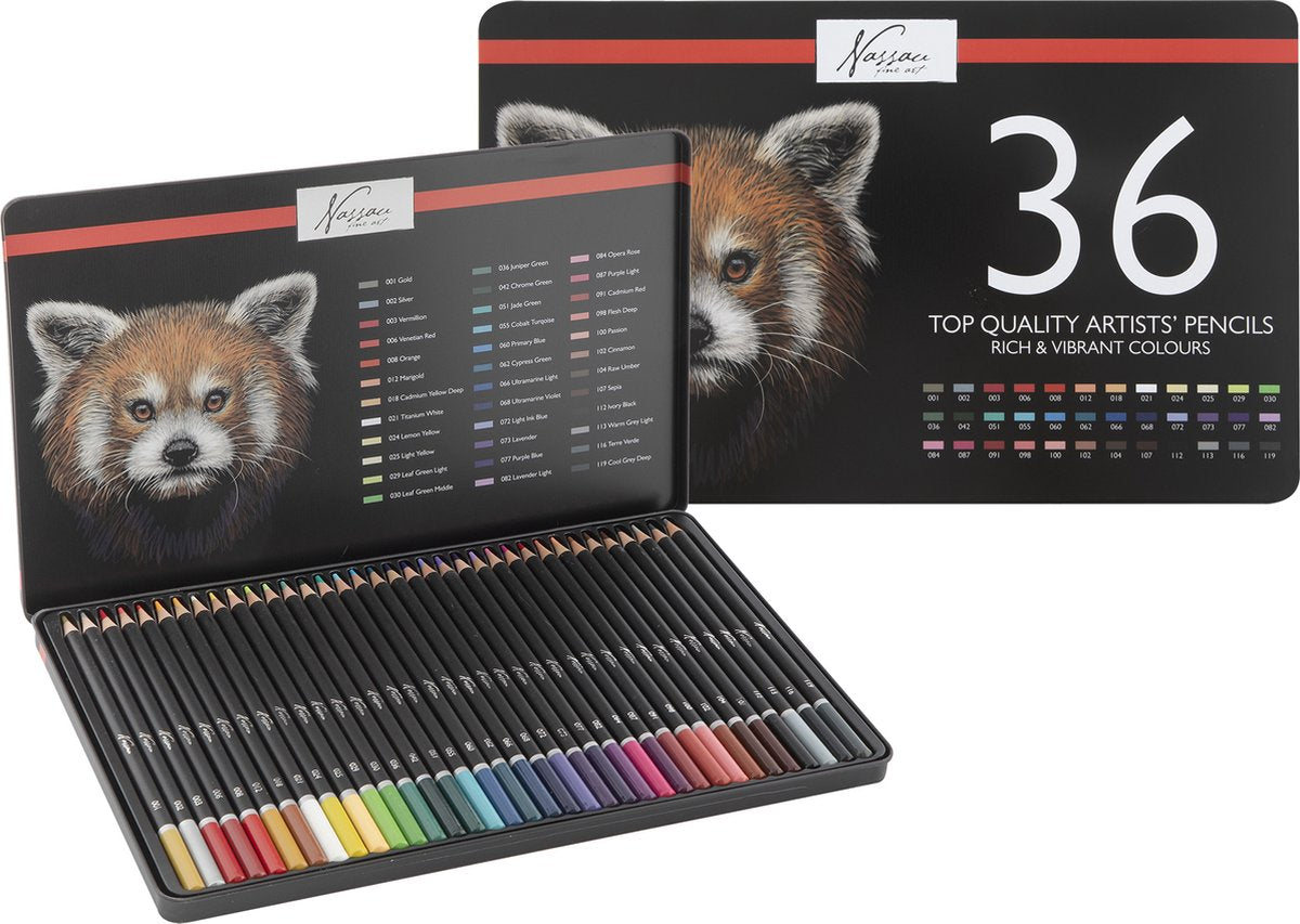 Nassau Fine Art Profi-Buntstifte, 36 Stück – satte, lebendige Farben – nummerierte Farbcodierung – inklusive Farbtestblatt – stabile Aufbewahrungsbox
