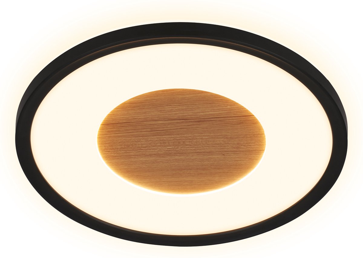 Briloner Sufit Wood - LED Deckenlampe - Deckenlampe mit Holzdekor - mit indirektem Licht - warmweißes Licht - ø29 x 3 cm - Schwarz