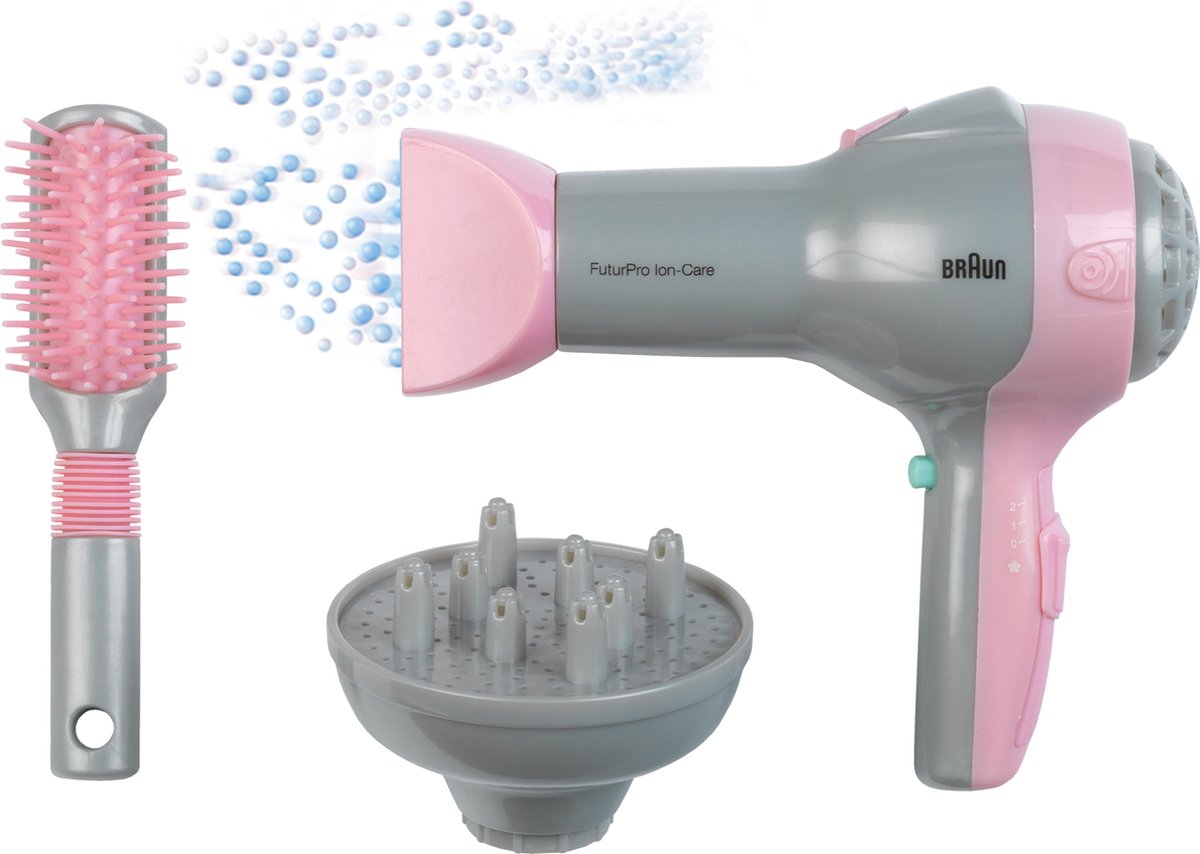 Klein Toys Braun Haartrockner mit Diffusor und Bürste – inkl. Ventilator mit Kaltluftmechanismus – rosagrau