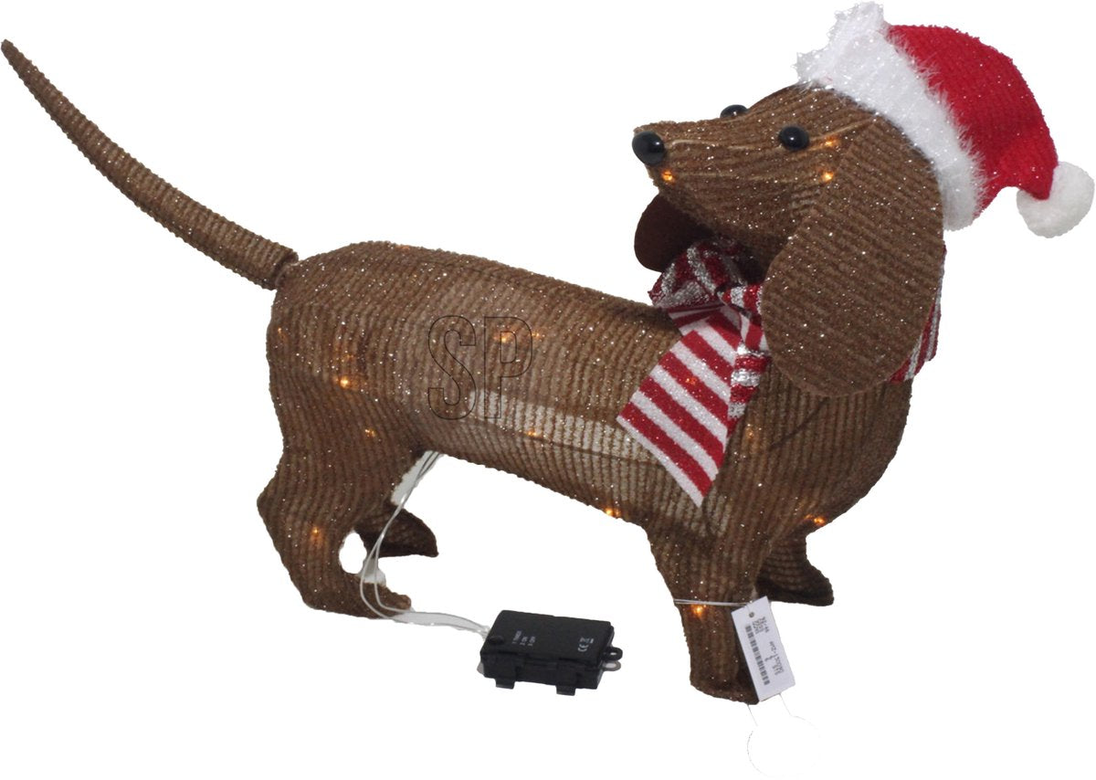 Weihnachtsdekoration Weihnachtsbeleuchtung Figur - Hund Dackel - mit Weihnachtsmütze - 70 x 14 x 43 cm - 40 LED-Lichter weiß