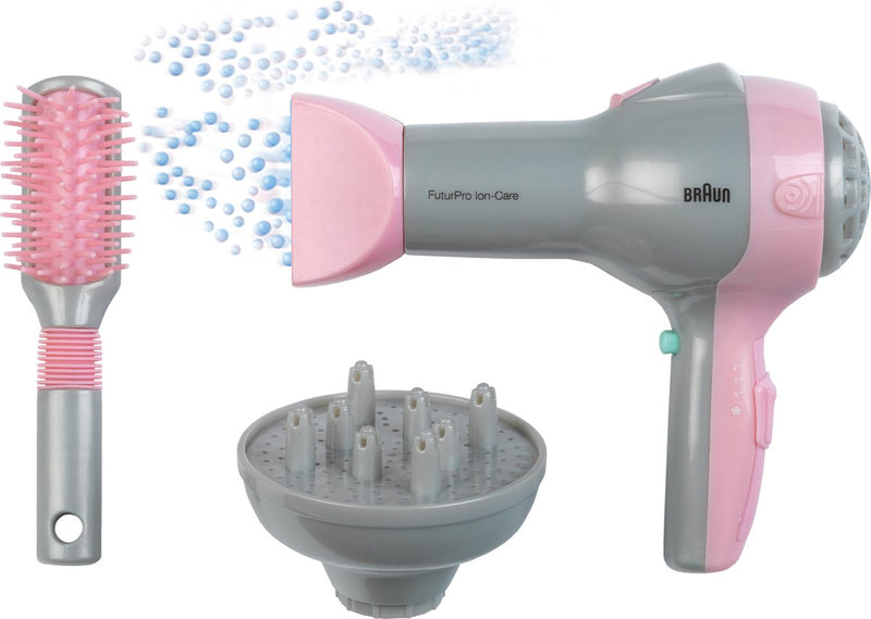 Klein Toys Braun Haartrockner mit Diffusor und Bürste – inkl. Ventilator mit Kaltluftmechanismus – rosagrau