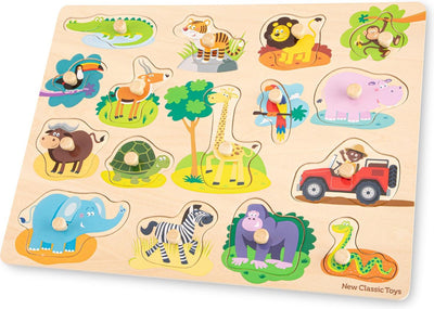 New Classic Toys ® Holzpuzzle mit großen Knöpfen Safari – 16 Puzzleteile – FSC – Holzpuzzle mit Knöpfen – Lernspielzeug für Kleinkinder – ab 24 Monaten