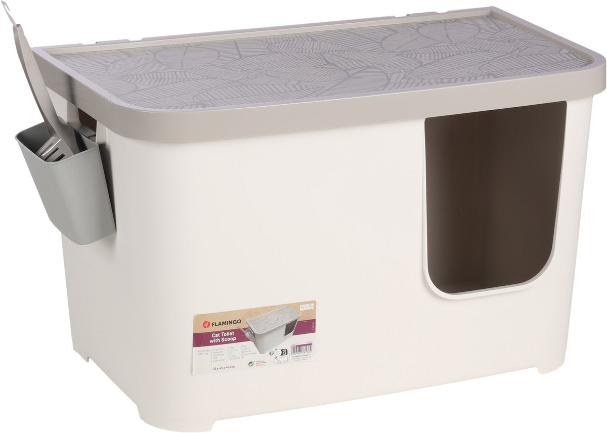 Flamingo-Katzentoilette – Barik – Katzentoilette mit Deckel und Schaufel – hoher Rand – Kunststoff – weiß – 76 x 45 x 45 cm – europäische Qualität