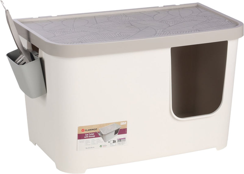 Flamingo-Katzentoilette – Barik – Katzentoilette mit Deckel und Schaufel – hoher Rand – Kunststoff – weiß – 76 x 45 x 45 cm – europäische Qualität