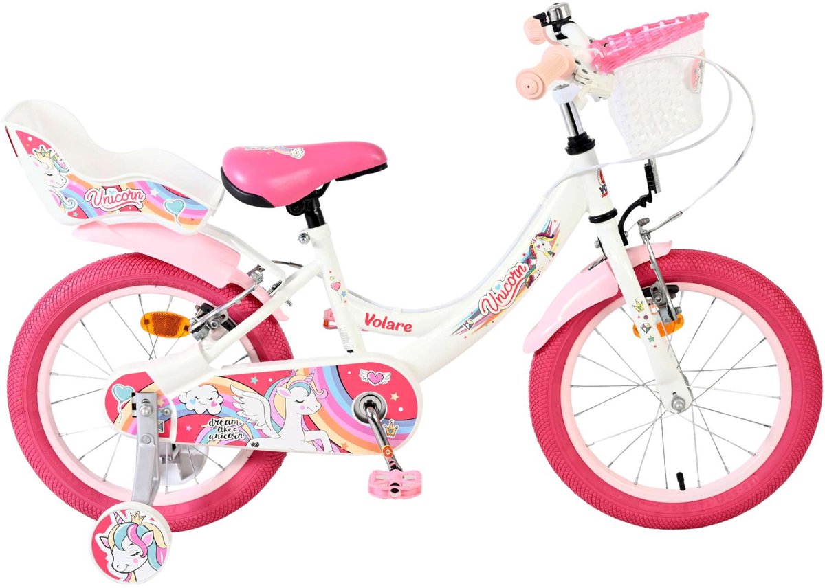 Volare Einhorn Kinderfahrrad – Mädchen – 16 Zoll – weiß – zwei Handbremsen