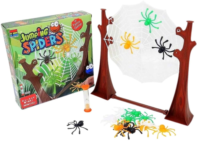 Eddy Toys Springspinnen Spiel 21-teilig – Spiel für Kinder ab 3 Jahren – Springspinnen auf Spinnennetz – Geschicklichkeitsspiel mit Sanduhr – Brettspiel für 2-4 Spieler