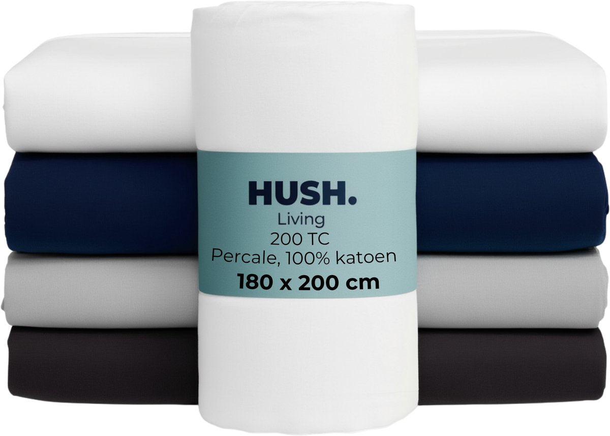 Stille. Living Hush Living Spannbettlaken Perkal – 100 % Baumwolle – 200 tc – extra frisch und kühl – stark und langlebig – rundum elastisch – 180 x 200 + 30 cm – weiß