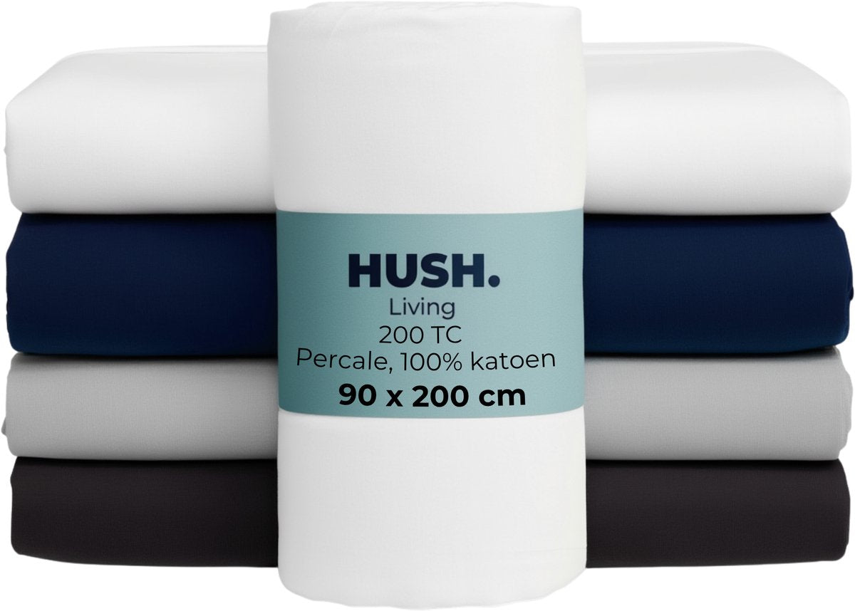 Stille. Living Hush Living Spannbettlaken Perkal – 100 % Baumwolle – 200 tc – extra frisch und kühl – stark und langlebig – rundum elastisch – 90 x 200 + 30 cm – weiß