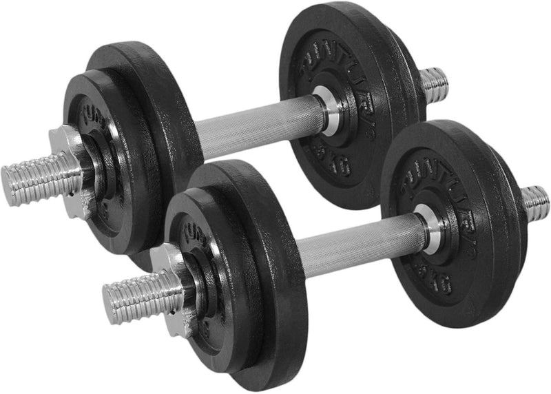 Tunturi Hanteln Gusseisen gesamt 20kg - Hantelset mit Schraubverschluss - Hantelset - 2 Langhantelstangen - 30mm - inkl. kostenlose Fitness-App