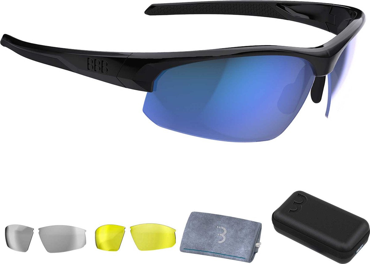 Bbb Cycling Fahrradbrille Damen und Herren – Fahrradbrille mit 3 Gläsern – Sportbrille mit Überzug – leichte Rennradbrille – glänzendes Schwarz – Impress-Reiseetui bsg-58t