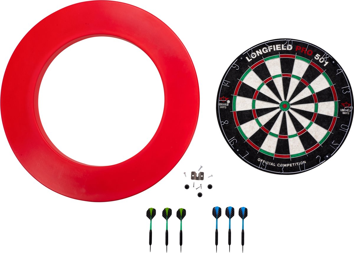 Engelhart Longfield Darts – Dartscheibe Pro501 inklusive Surround rot und 2 Darts-Sets.