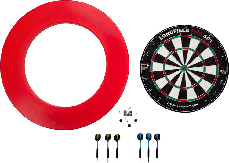Engelhart Longfield Darts – Dartscheibe Pro501 inklusive Surround rot und 2 Darts-Sets.