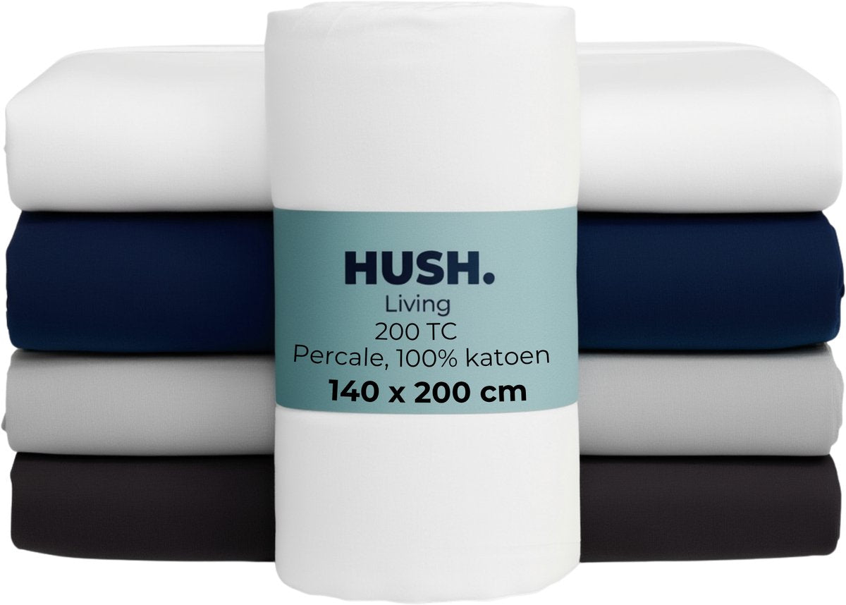 Stille. Living Hush Living Spannbettlaken Perkal – 100 % Baumwolle – 200 tc – extra frisch und kühl – stark und langlebig – rundum elastisch – 140 x 200 + 30 cm – weiß
