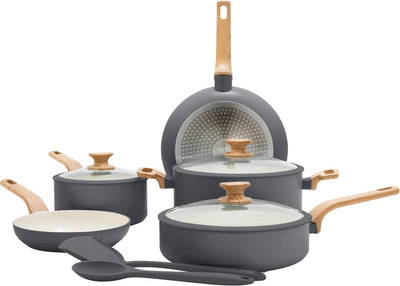 Greenpan Essenzpfannenset 10-teilig – 18 20 24 26 cm – PFAS-freie Antihaftbeschichtung – Induktionspfannenset – Keramikpfanne – ofenfest bis 160 °C – Griffe in Holzoptik – Kaltgriffe – mit Glasdeckel – grau
