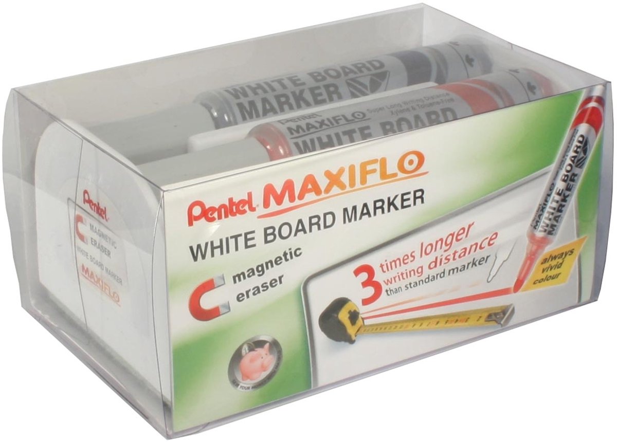 Pentel Whiteboard-Marker Maxiflo 4er-Set: blau | rot | Grün und Schwarz + magnetischer Whiteboard-Radierer