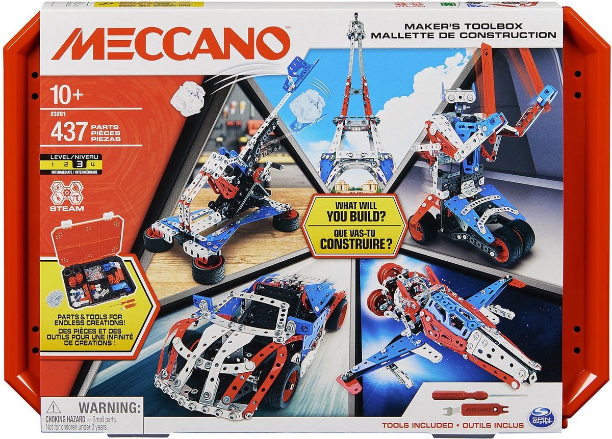 Bandai – Meccano-Baukasten – 5-in-1-Bausatz, Fahrzeuge, Roboter, Eiffelturm – 437 Teile, Werkzeuge, Anleitung – Montage-Aktivitätsset – Kinderspielzeug ab 10 Jahren – apm20106