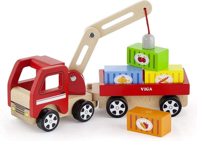 Viga Toys Kranwagen aus Holz mit Zubehör 29 cm rot