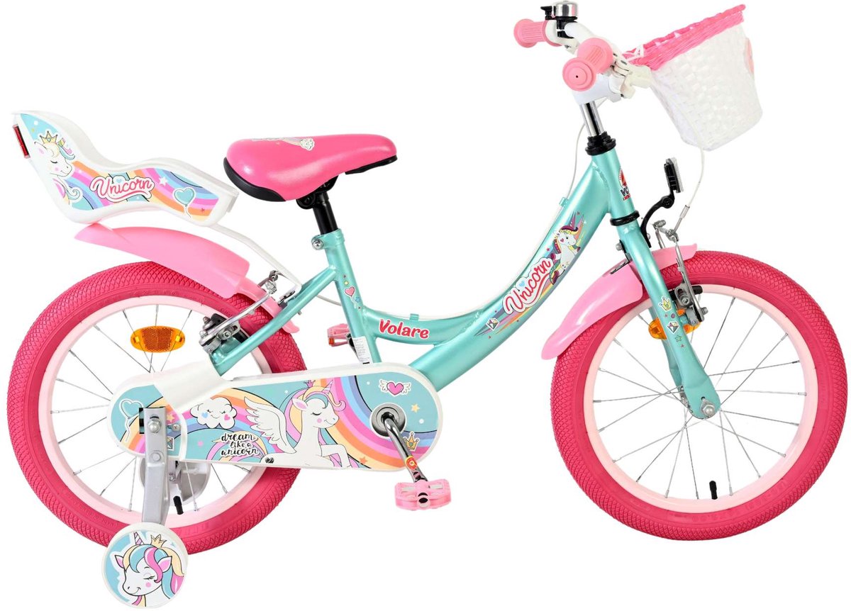Volare Einhorn Kinderfahrrad – Mädchen – 16 Zoll – Grün – zwei Handbremsen