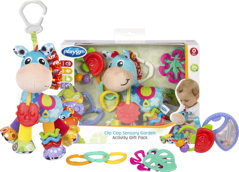 Playgro Geschenkset Clip Clop Pferd – Mutterschaftsgeschenk – Geschenkset – Hängespielzeug – 3 Beißbürsten – 3 verbundene Ringe