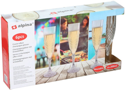 Alpina Sektgläser mit Kristalleffekt 6 Stück – wiederverwendbare Sektgläser Kunststoff – Partygläser 200 ml für draußen und drinnen – Kristalloptik – transparent