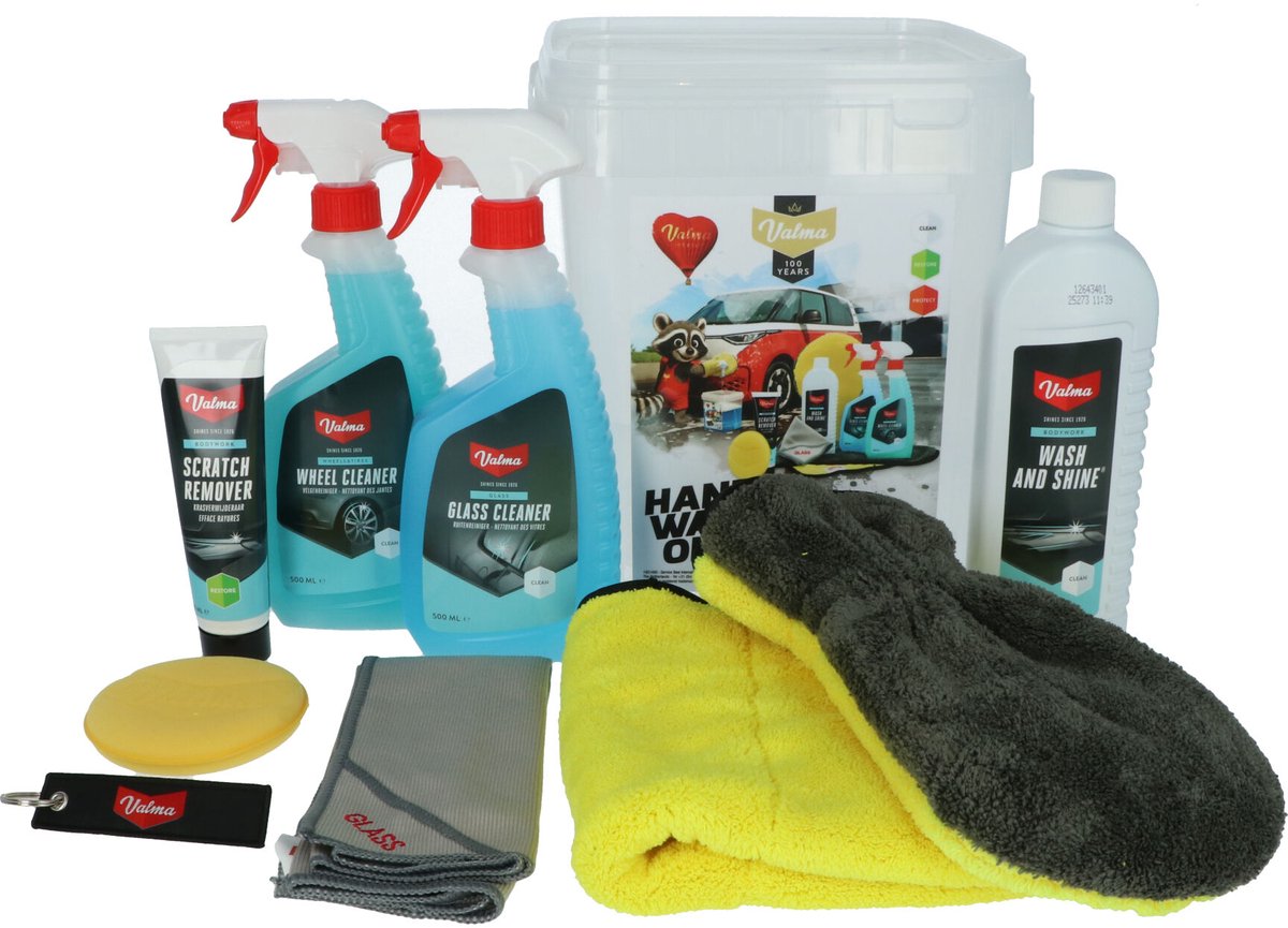 Valma Reinigungseimer – 8 Stück – Waschglanz – Kratzerentferner – Felgenreiniger – Fensterreiniger – Waschhandschuh – Glastuch – Applikatorpad – Mikrofaser-Finishing-Tuch