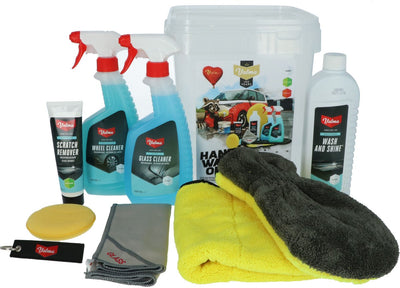 Valma Reinigungseimer – 8 Stück – Waschglanz – Kratzerentferner – Felgenreiniger – Fensterreiniger – Waschhandschuh – Glastuch – Applikatorpad – Mikrofaser-Finishing-Tuch