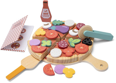 Woet ® Pizza-Spielset aus Holz – komplettes Pizza-Set zum Selbermachen mit über 30 Zubehörteilen – Belag mit Klettverschluss, Schneidwerkzeug, scharfe Soße und Menü – Rollenspiel-Küchenspielzeug – Spielzeug-Essen – ab 2 Jahren