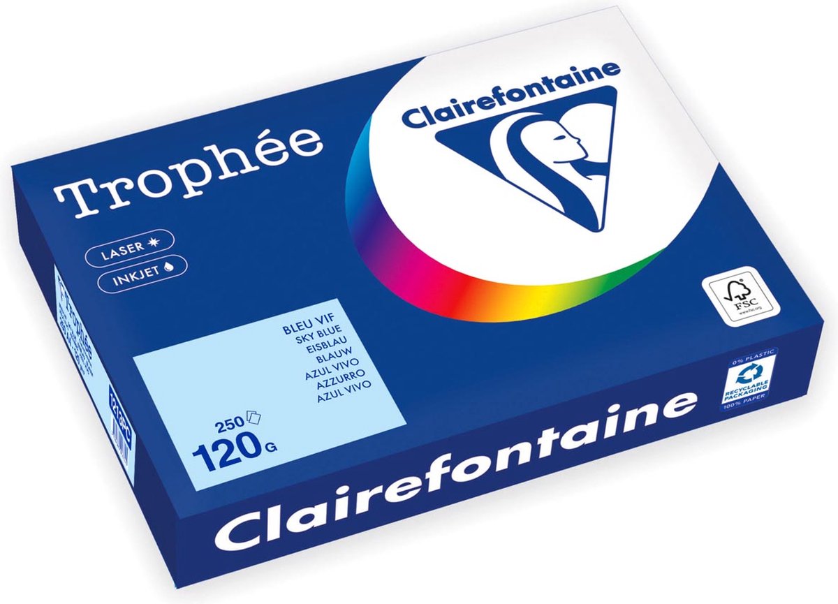 Clairefontaine Trophäe Pastell, farbiges Papier, A4, 120 g, 250 Blatt, blau