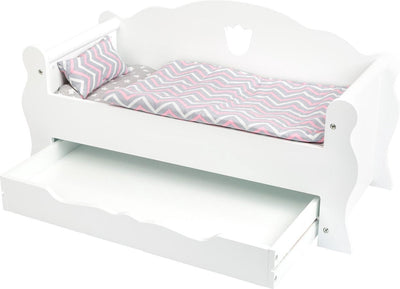 Kleines Fuß Holzpuppenbett mit Schublade und Bettwäsche, 4dlg.
