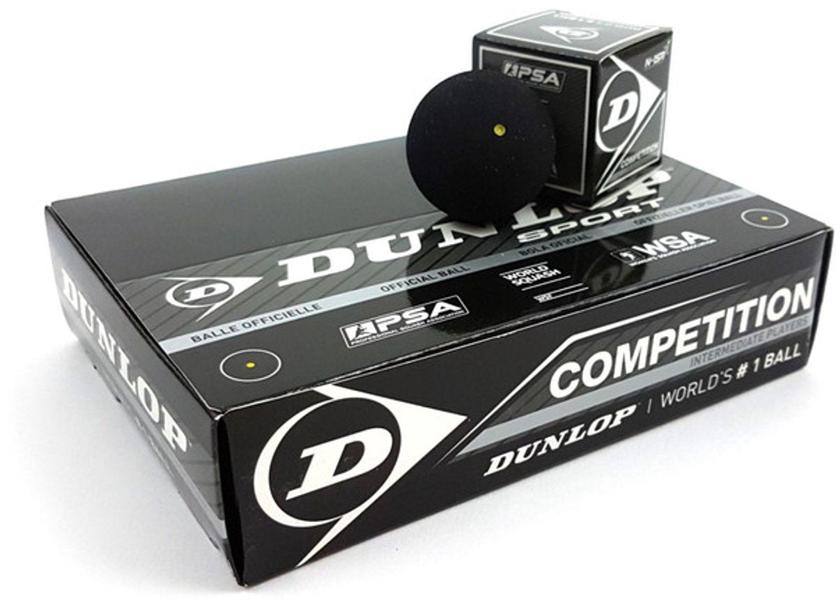 Dunlop Wettkampf-Squashbälle Yellow Dot – Schwarz – 12 Stück