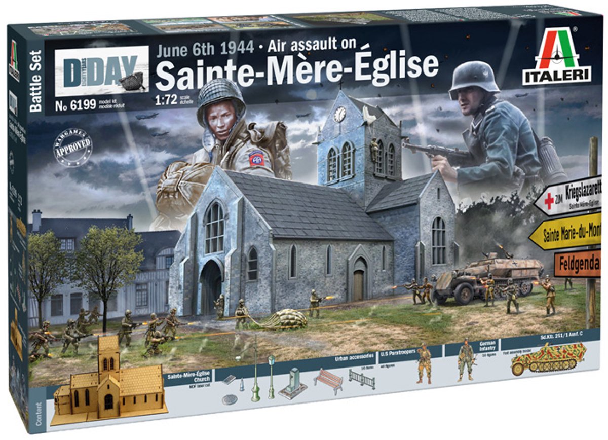 Italeri Modellbausatz Diorama – 6199 Schlacht um die Normandie Sainte-Mer-Eglise 6. Juni 1944 – Schlachtset aus Kunststoff – 1:72 – Modellbau