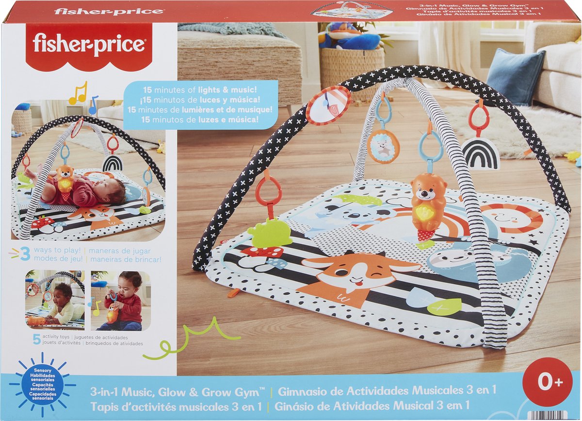 Fisher-Price 3-in-1 Music Glow Grow Gym, Babyspielmatte – mit Lichtern und sensorischem Spielzeug für Neugeborene